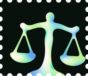 Stamp showing scales of justice in green and blue