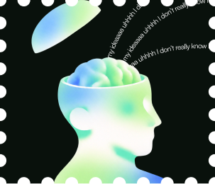 Stamp showing a head silhouette with thoughts spilling out